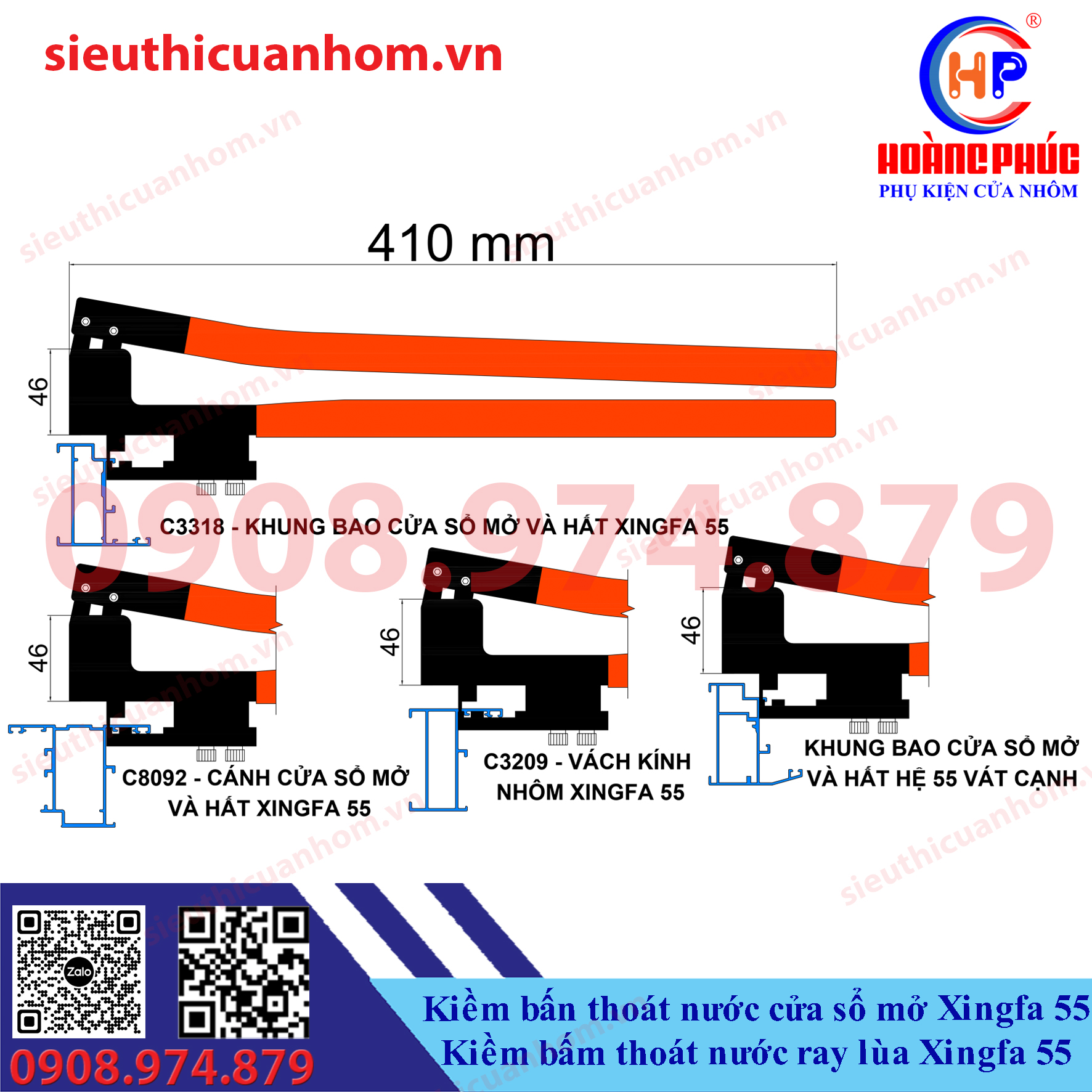 Kìm bấm thoát nước cửa sổ mở và kìm bấm thoát nước ray lùa Xingfa 55