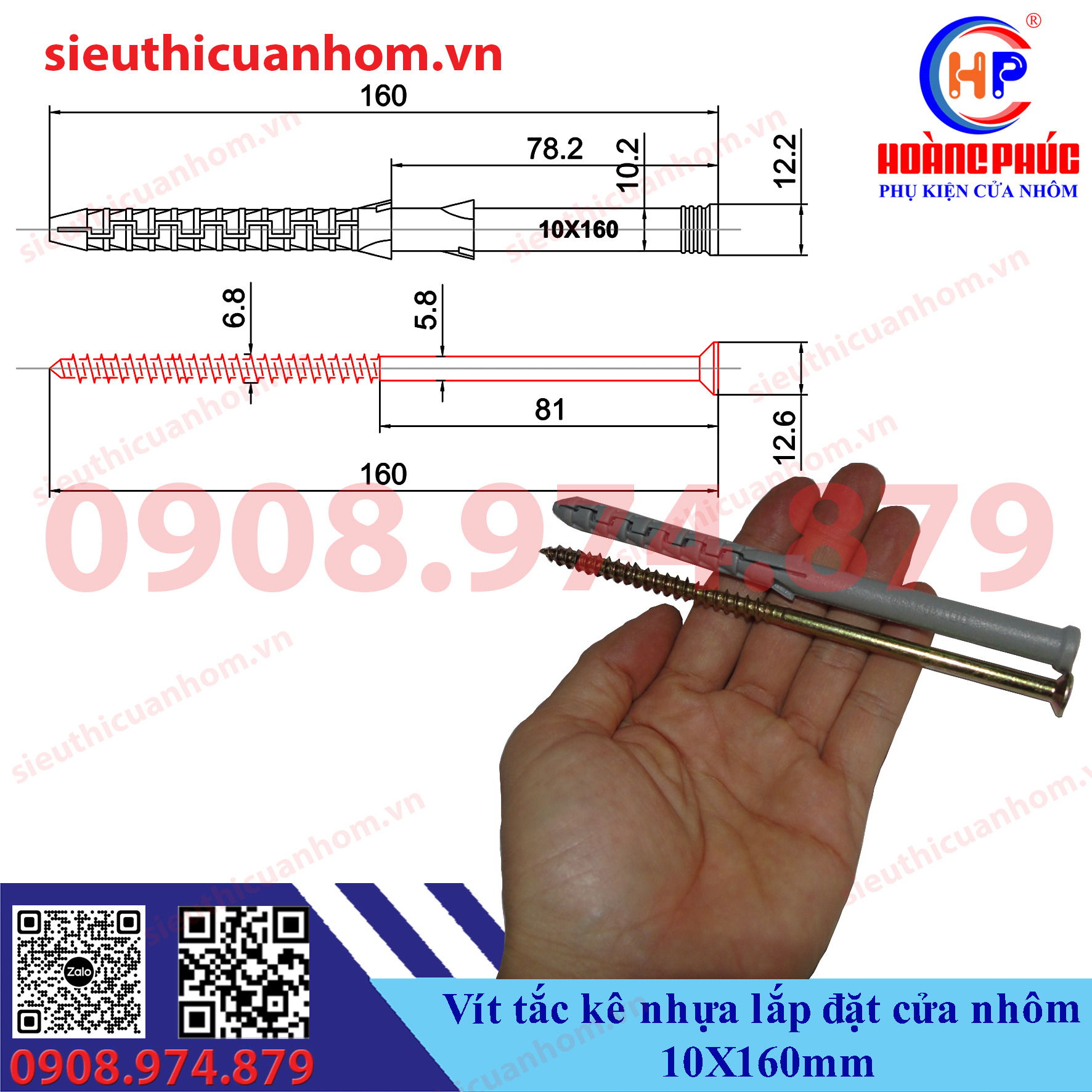 Vít tắc kê nhựa lắp đặt cửa nhôm 10X160mm