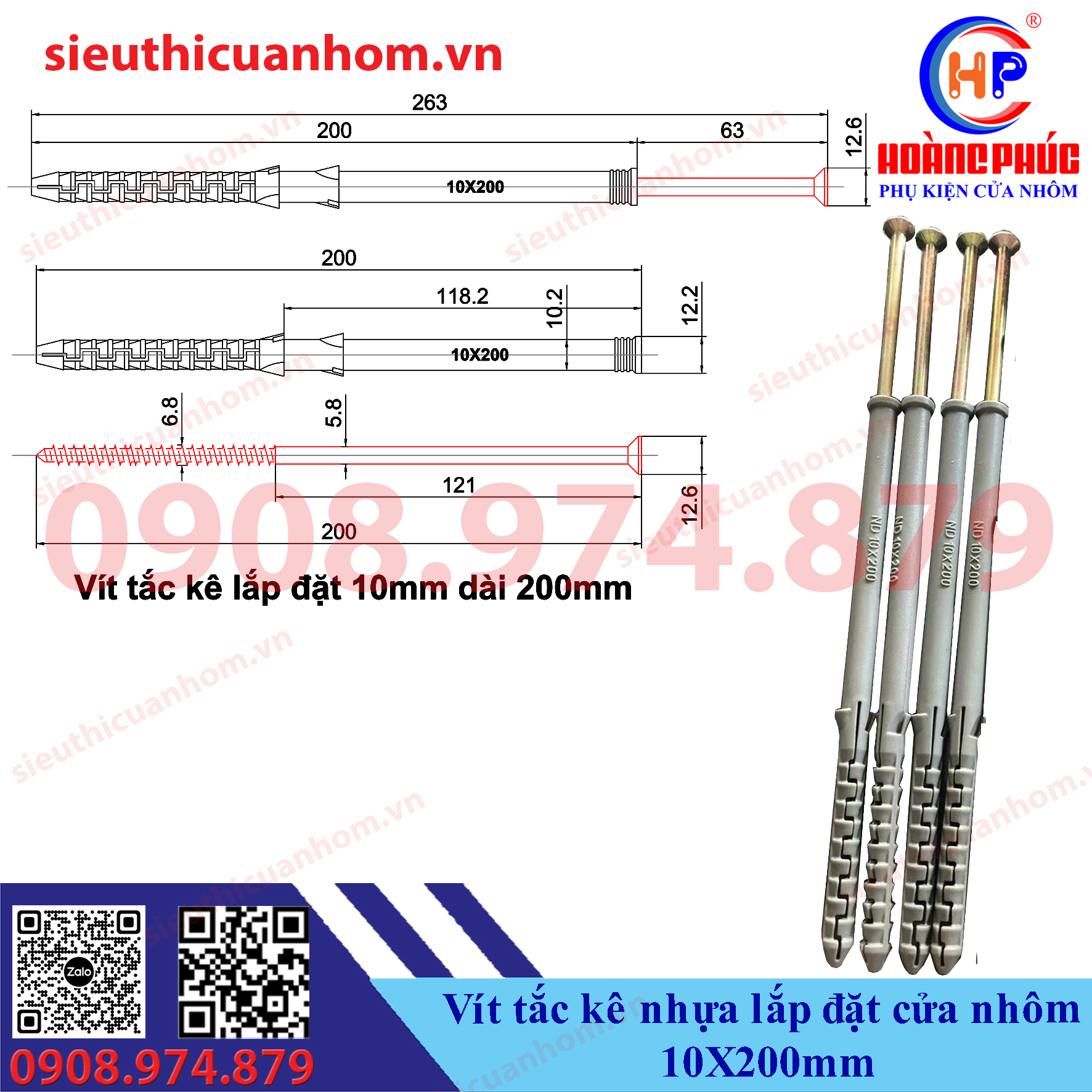 Vít tắc kê nhựa lắp đặt cửa nhôm 10X200mm