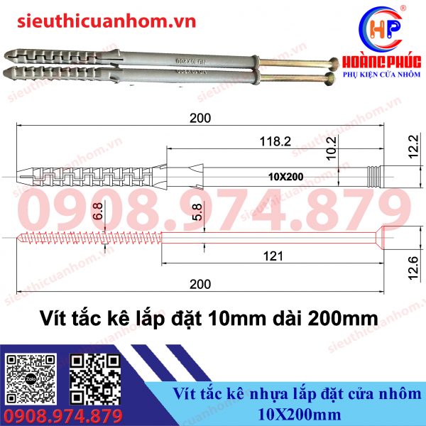 Vít tắc kê nhựa lắp đặt cửa nhôm 10X200mm