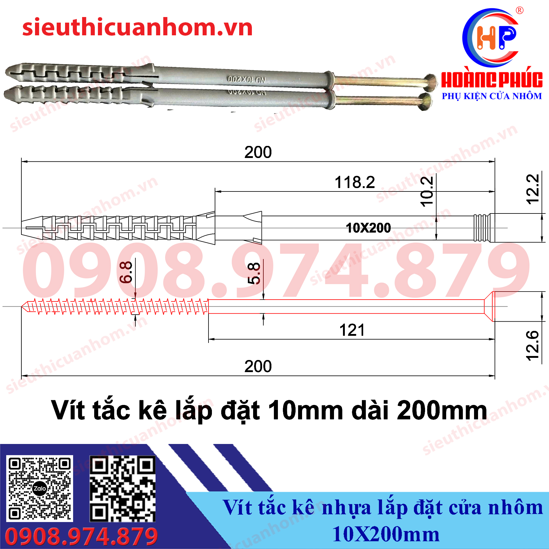 Vít tắc kê nhựa lắp đặt cửa nhôm 10X200mm