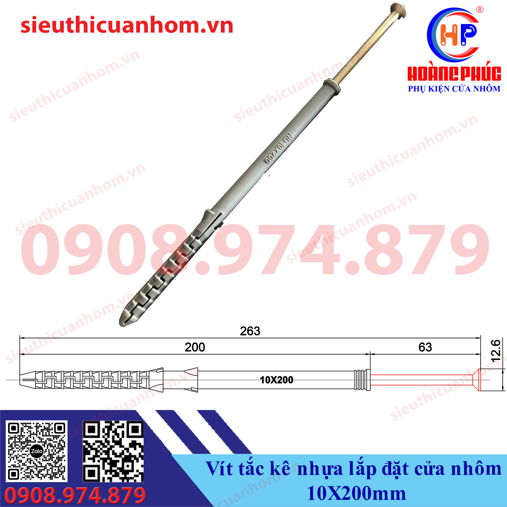 Vít tắc kê nhựa lắp đặt cửa nhôm 10X200mm