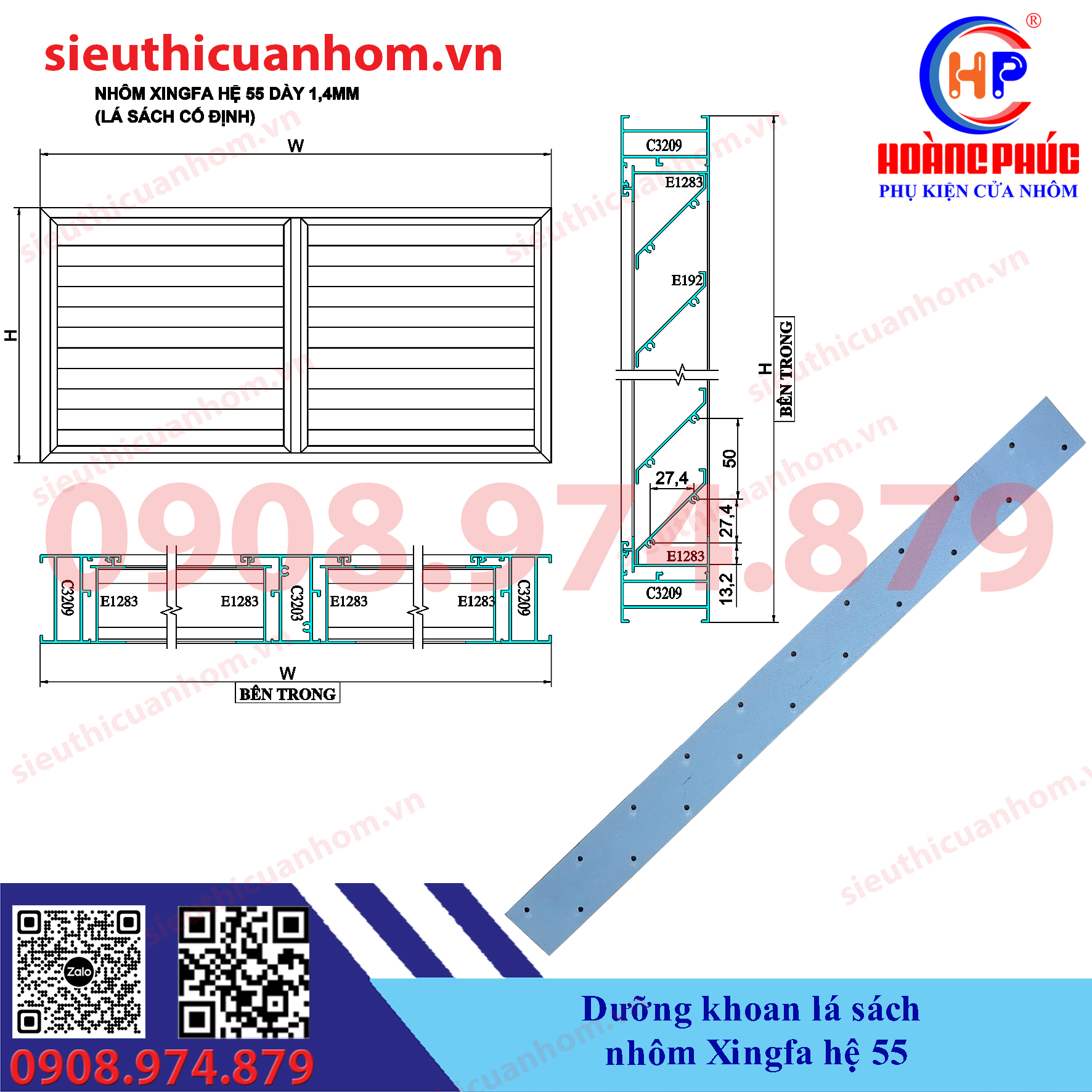 Dưỡng khoan lá sách nhôm Xingfa hệ 55